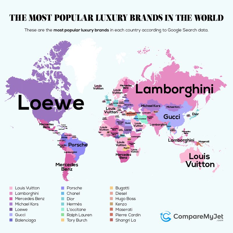 Карта самых популярных люксовых брендов в мире по запросам в Google